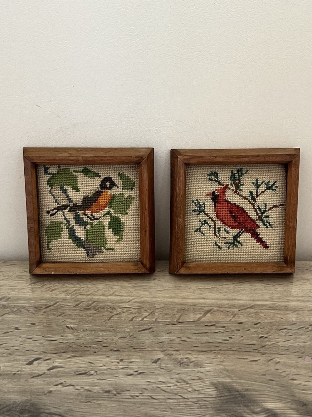 Vintage Handmade Cross Stitch Needlepoint Tapestry Bird Art Small Wood Frame Set
